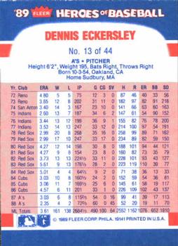 1989 Fleer Heroes of Baseball #13 Dennis Eckersley Back