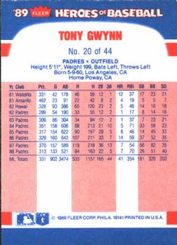 1989 Fleer Heroes of Baseball #20 Tony Gwynn Back