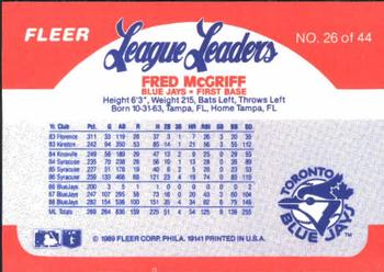 1989 Fleer League Leaders #26 Fred McGriff Back