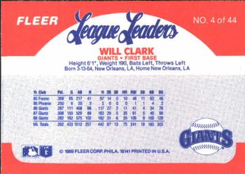 1989 Fleer League Leaders #4 Will Clark Back