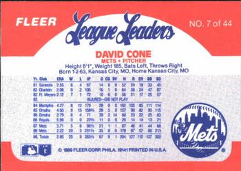 1989 Fleer League Leaders #7 David Cone Back