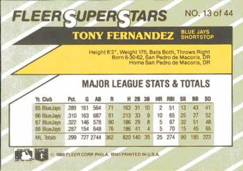 1989 Fleer SuperStars #13 Tony Fernandez Back