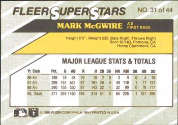 1989 Fleer SuperStars #31 Mark McGwire Back