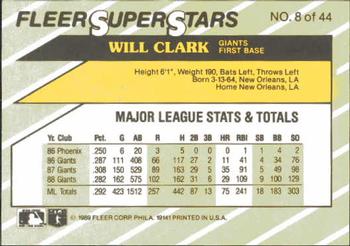 1989 Fleer SuperStars #8 Will Clark Back