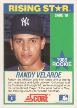 1989 Score Hottest 100 Rising Stars #18 Randy Velarde Back