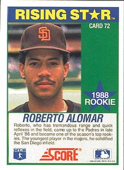 1989 Score Hottest 100 Rising Stars #72 Roberto Alomar Back