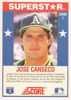 1989 Score Baseball's 100 Hottest Players #1 Jose Canseco Back