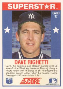 1989 Score Baseball's 100 Hottest Players #37 Dave Righetti Back