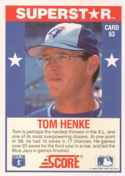 1989 Score Baseball's 100 Hottest Players #63 Tom Henke Back