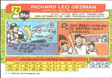 1989 Topps Big #72 Rich Gedman Back