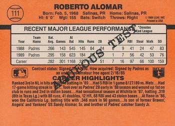 1990 Donruss Aqueous Test #111 Roberto Alomar Back