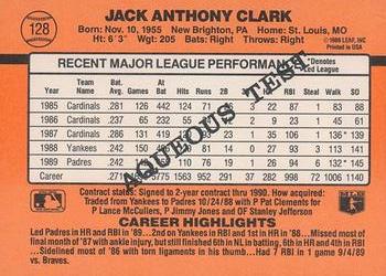 1990 Donruss Aqueous Test #128 Jack Clark Back