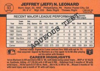 1990 Donruss Aqueous Test #93 Jeffrey Leonard Back