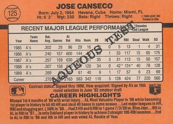 1990 Donruss Aqueous Test #125 Jose Canseco Back