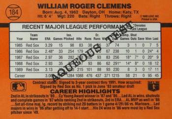 1990 Donruss Aqueous Test #184 Roger Clemens Back