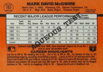 1990 Donruss Aqueous Test #185 Mark McGwire Back