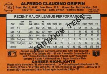 1990 Donruss Aqueous Test #195 Alfredo Griffin Back