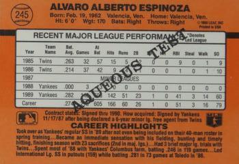 1990 Donruss Aqueous Test #245 Alvaro Espinoza Back