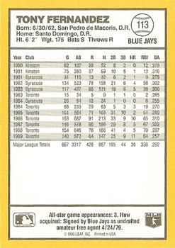 1990 Donruss Best of the AL #113 Tony Fernandez Back