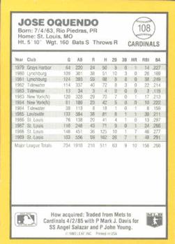 1990 Donruss Best of the NL #108 Jose Oquendo Back