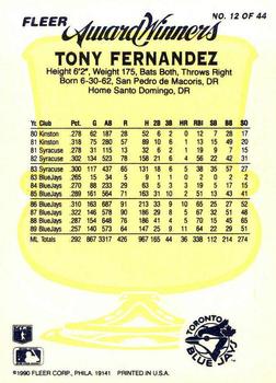 1990 Fleer Award Winners #12 Tony Fernandez Back