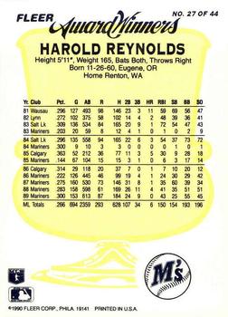 1990 Fleer Award Winners #27 Harold Reynolds Back