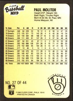 1990 Fleer Baseball MVPs #27 Paul Molitor Back