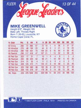 1990 Fleer League Leaders #13 Mike Greenwell Back