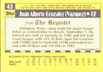 1990 Topps Major League Debut 1989 #43 Juan Gonzalez Back