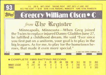 1990 Topps Major League Debut 1989 #93 Greg Olson Back