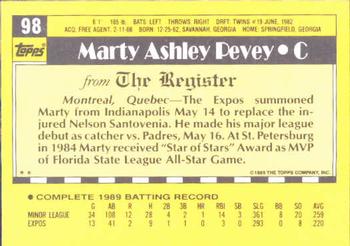 1990 Topps Major League Debut 1989 #98 Marty Pevey Back