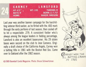 1989 Baseball Cards Magazine '59 Topps Replicas #24 Carney Lansford Back