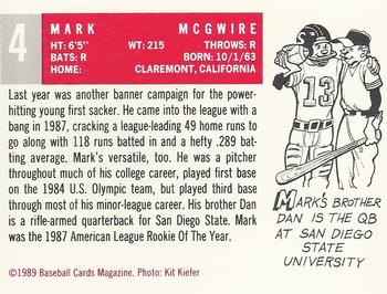 1989 Baseball Cards Magazine '59 Topps Replicas #4 Mark McGwire Back