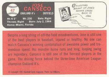 1991 Baseball Cards Magazine '66 Topps Replicas #47 Jose Canseco Back