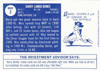 1992 Baseball Cards Magazine '70 Topps Replicas #3 Barry Bonds Back