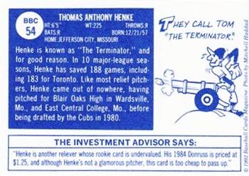 1992 Baseball Cards Magazine '70 Topps Replicas #54 Tom Henke Back
