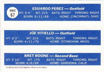 1992 Baseball Cards Magazine '70 Topps Replicas #67 AL Rookie Stars (Eduardo Perez / Joe Vitiello / Bret Boone) Back