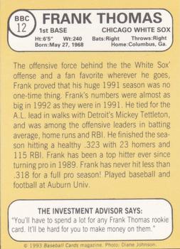 1993 Baseball Card Magazine / Sports Card Magazine #BBC12 Frank Thomas Back