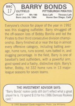 1993 Baseball Card Magazine / Sports Card Magazine #BBC17 Barry Bonds Back