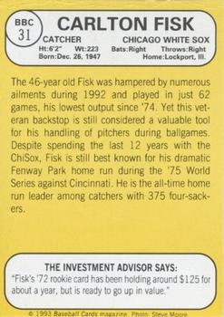 1993 Baseball Card Magazine / Sports Card Magazine #BBC31 Carlton Fisk Back