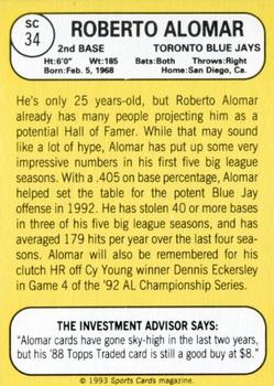 1993 Baseball Card Magazine / Sports Card Magazine #SC34 Roberto Alomar Back
