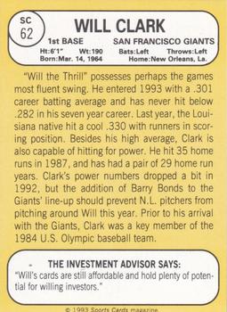 1993 Baseball Card Magazine / Sports Card Magazine #SC62 Will Clark Back
