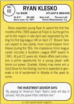 1993 Baseball Card Magazine / Sports Card Magazine #SC68 Ryan Klesko Back