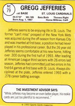 1993 Baseball Card Magazine / Sports Card Magazine #SC79 Gregg Jefferies Back