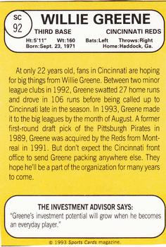 1993 Baseball Card Magazine / Sports Card Magazine #SC92 Willie Greene Back