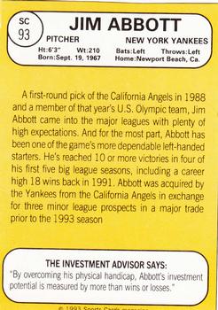 1993 Baseball Card Magazine / Sports Card Magazine #SC93 Jim Abbott Back