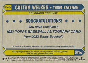 2022 Topps Update - 1987 Topps Baseball 35th Anniversary Autographs #87BA-CW Colton Welker Back
