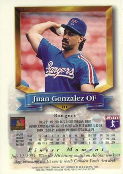 1994 Finest - Refractors #211 Juan Gonzalez Back