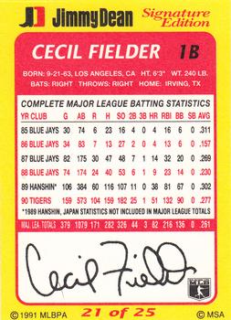 1991 Jimmy Dean Signature Edition #21 Cecil Fielder Back