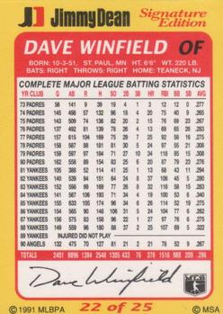 1991 Jimmy Dean Signature Edition #22 Dave Winfield Back